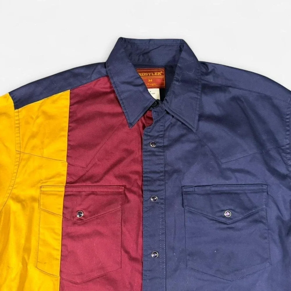 Vintage Rustler Wrangler Color Block Long Sleeve Button Up Western Cowboy Sz M